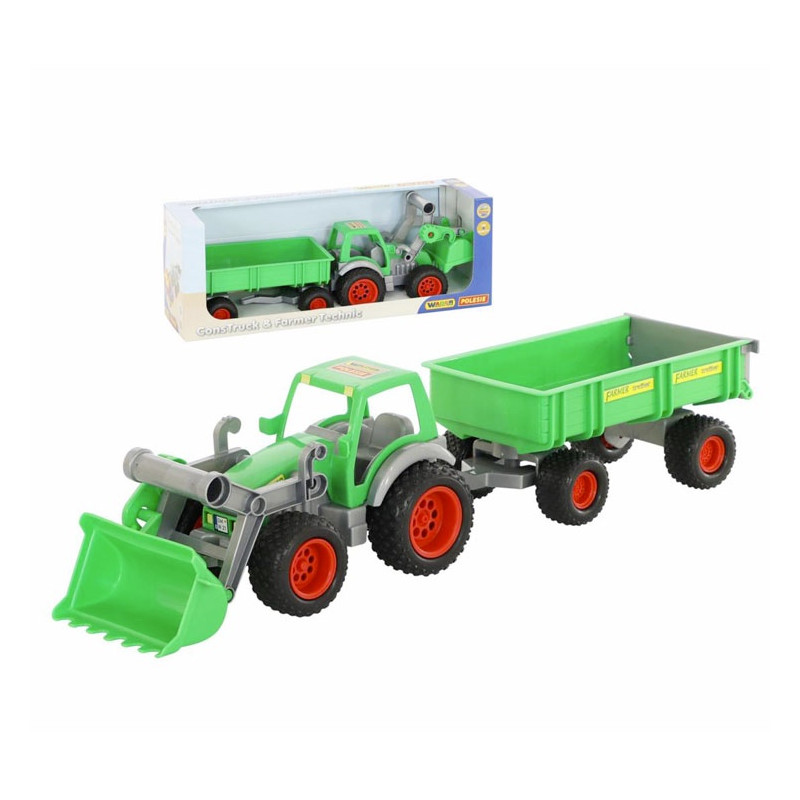 Traktor farmář s lopatou a přívěsem
