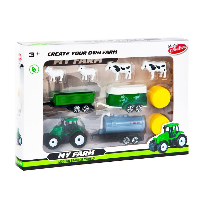 Traktor s prívesmi a zvieratami