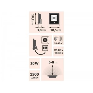 Svietidlo 20W, 20x LED, pohybový senzor, 1500lm, IP65, Extol Craft 43232