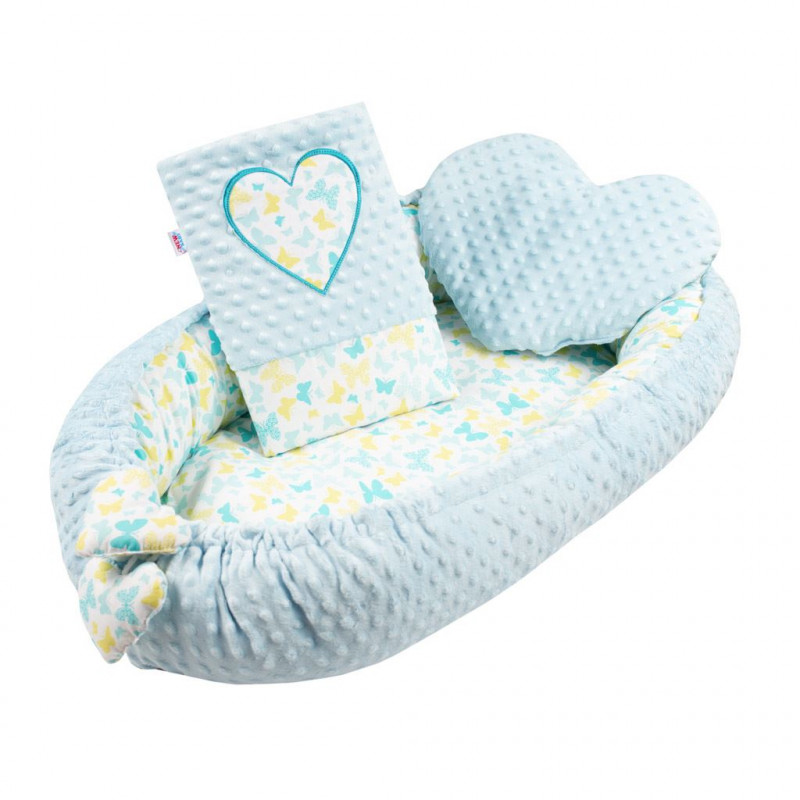Luxusní hnízdečko s polštářkem a peřinkou New Baby Srdíčko modré