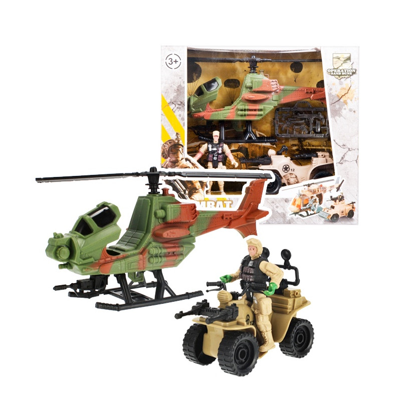 Vojenský set - vojak, helikoptéra, džíp