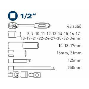 Kľúče nástrčné 1/2´´, 8-34mm, 29-dielna sada, Fortum, 4700001