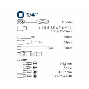 Klíče nástrčné 1/4´´, 4-14mm, 31-dílná sada, Fortum, 4700003