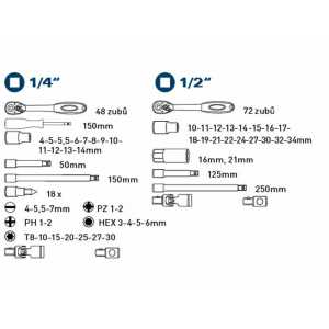 Kľúče nástrčné 1/2'' a 1/4'', 4-34mm, 60-dielna sada, Fortum, 4700011