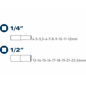 Kľúče nástrčné predĺžené 1/2'' a 1/4'', 20-dielna sada, Fortum, 4700012