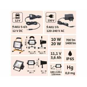 Svietidlo nabíjateľné LED, 20W, 1400lm, 4400mAh, Extol Craft 43125