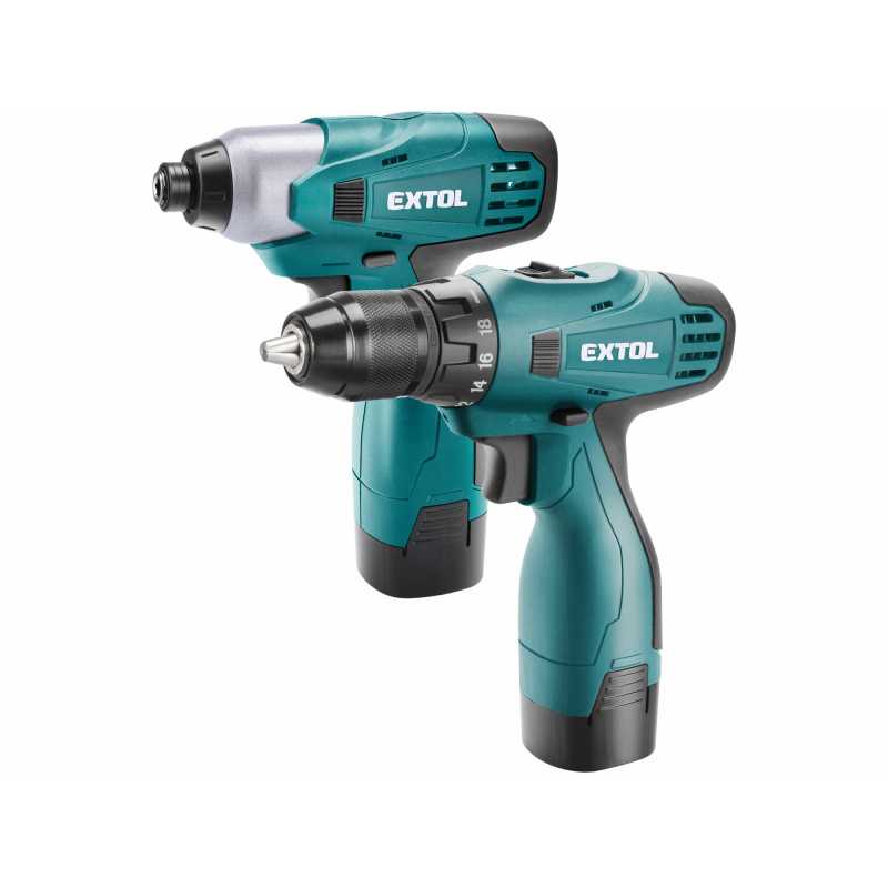 Sada aku náradia 1x vŕtačka, 1x rázový uťahovák 120Nm, 2x Li-ion, Extol Industrial 8798300