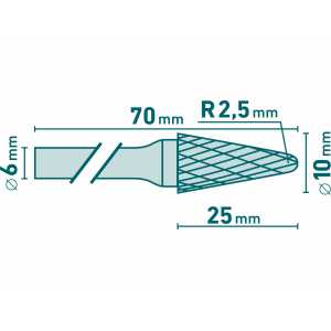 Fréza karbidová kónická, pologuľaté čelo, pr.10mm, EXTOL INDUSTRIAL 8703784
