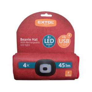Čepice červená s čelovým světlem, LED 4x45lm, 300mAh Li-ion, EXTOL LIGHT 43198