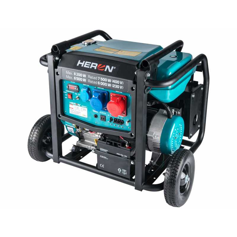 Elektrocentrála rámová benzinová 3F, 8,2kW, 17HP, podvozek, el. start, HERON 8896147