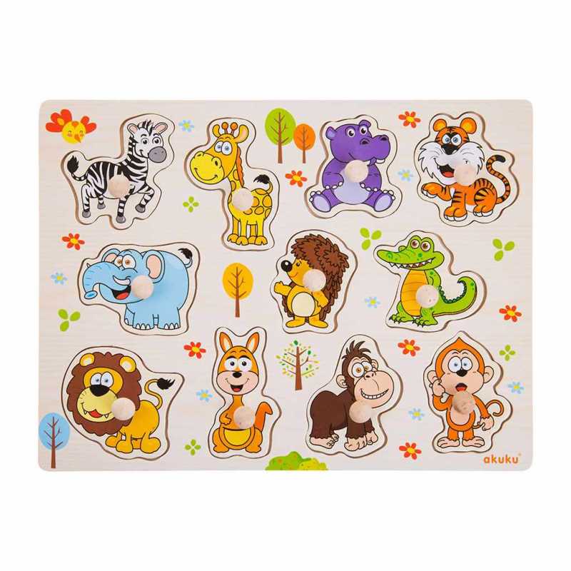 Dětské dřevěné puzzle s úchyty Akuku zvířátka