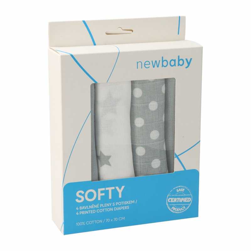 Látkové bavlněné pleny New Baby s potiskem 70 x 70 cm 4 ks šedo-bílé