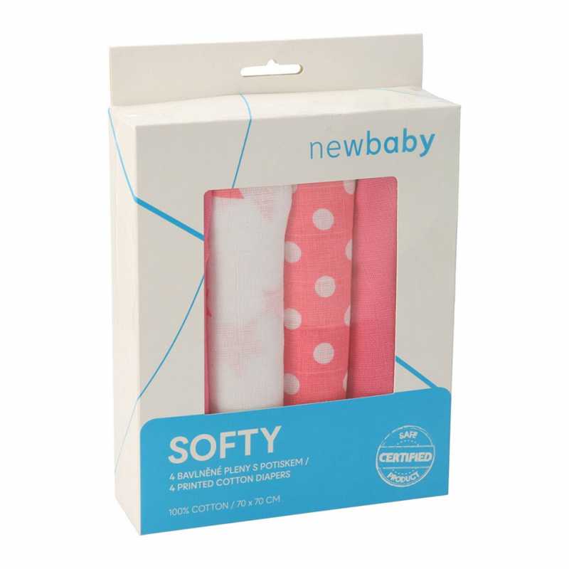 Látkové bavlněné pleny New Baby s potiskem 70 x 70 cm 4 ks růžovo-bílé