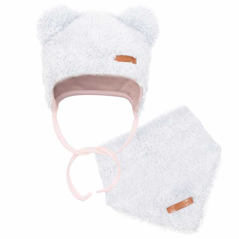 Zimná dojčenská čiapočka so šatkou na krk New Baby Teddy bear šedo ružová, 86