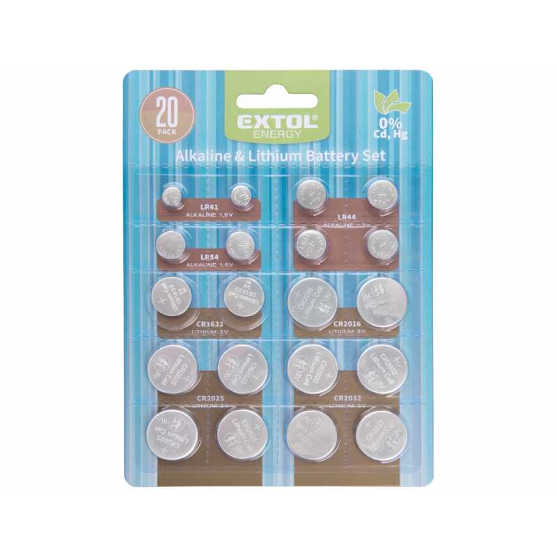 Batérie sada 20ks LR41 LR44 LR54 CR1632 CR2016 CR2025 CR2032 EXTOL ENERGY 42057